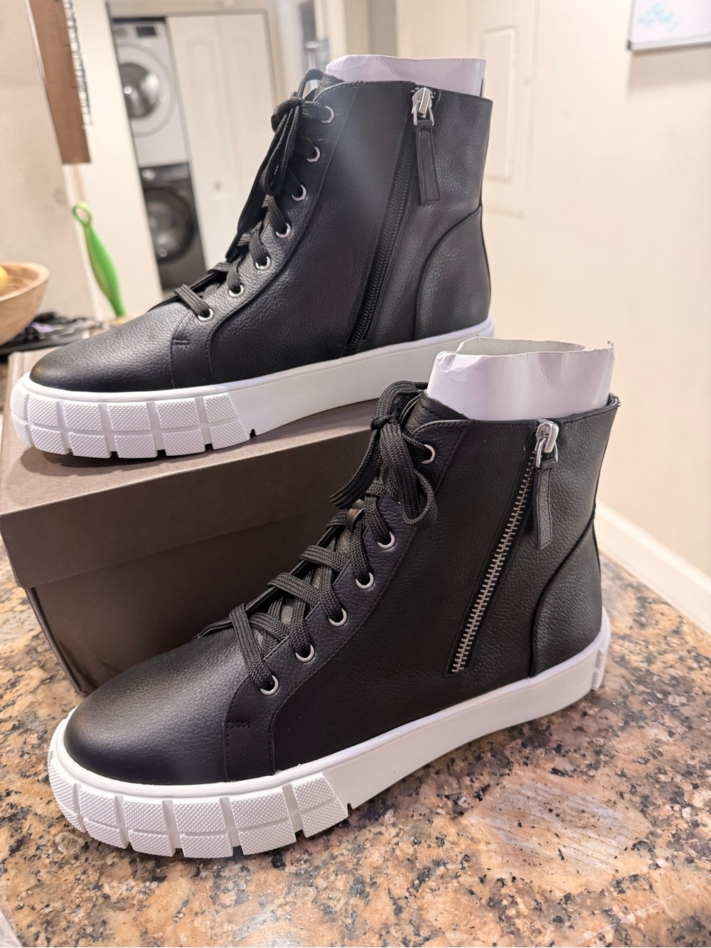 Linea Paolo  Black High-Top leather Lace-Up Sneakers with White Platform Sole